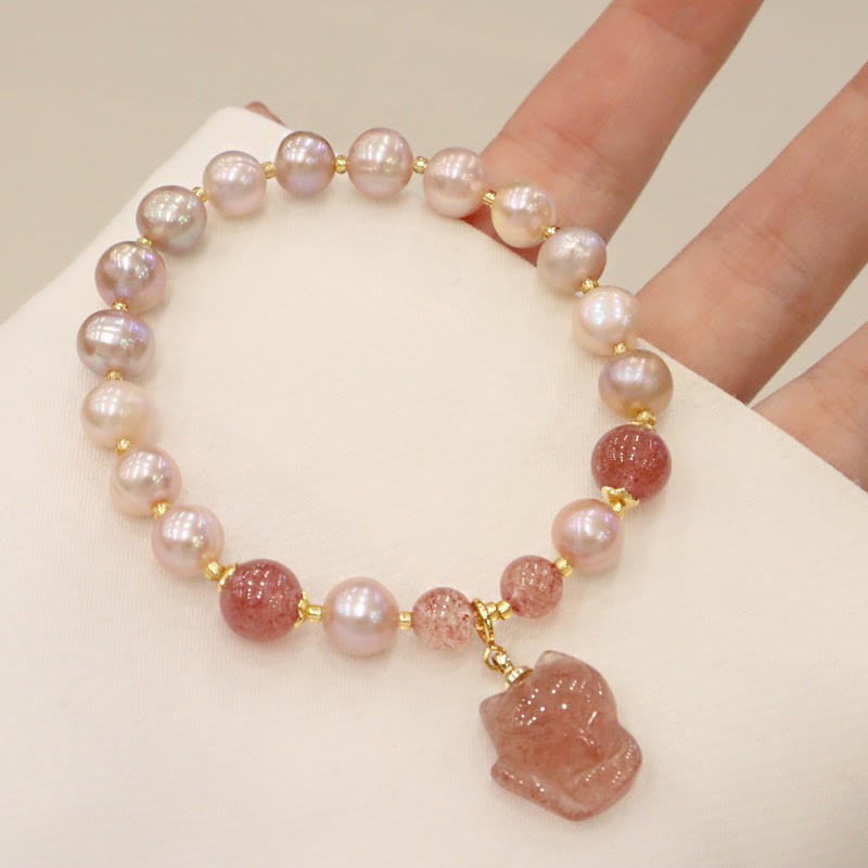 Natural Pearl Strawberry Quartz Cute Fox Love Healing Charm Bracelet