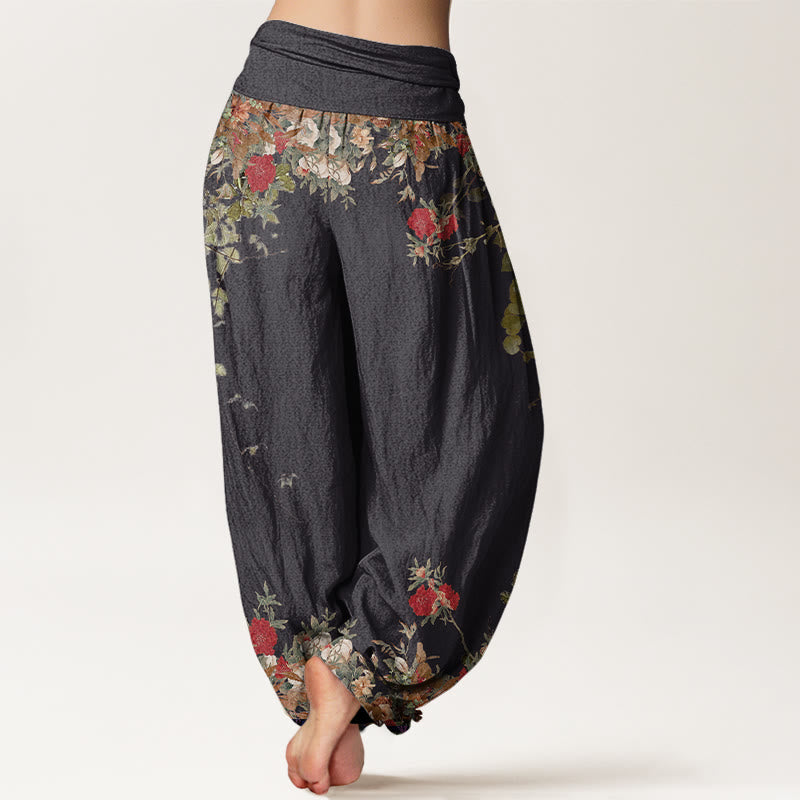 Casual Red Peony Flower Vine Design Women's Elastic Waist Harem Pants