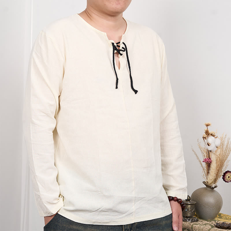Solid Color Lace-up Long Sleeve Cotton Linen Men's Shirt