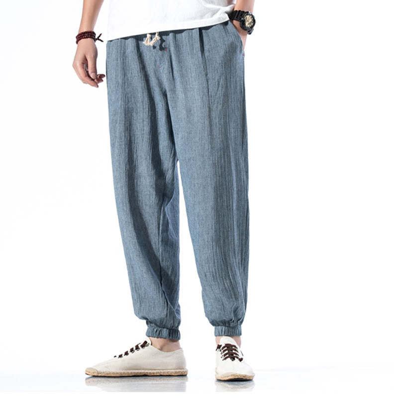 Casual Solid Color Drawstring Linen Men's Pants With Pockets