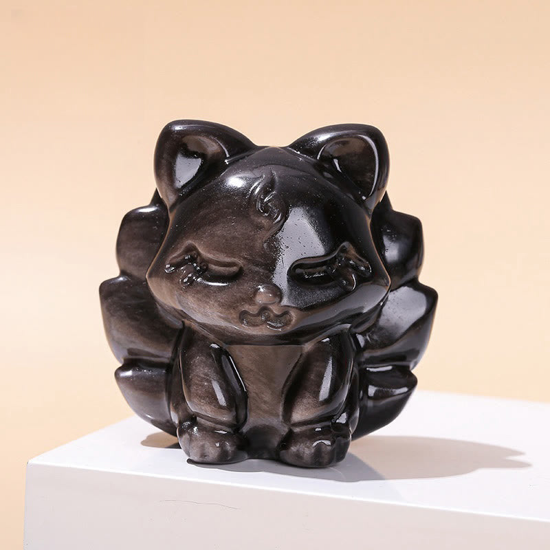 Natural Silver Sheen Obsidian Nine-Tailed Fox Protection Home Decoration