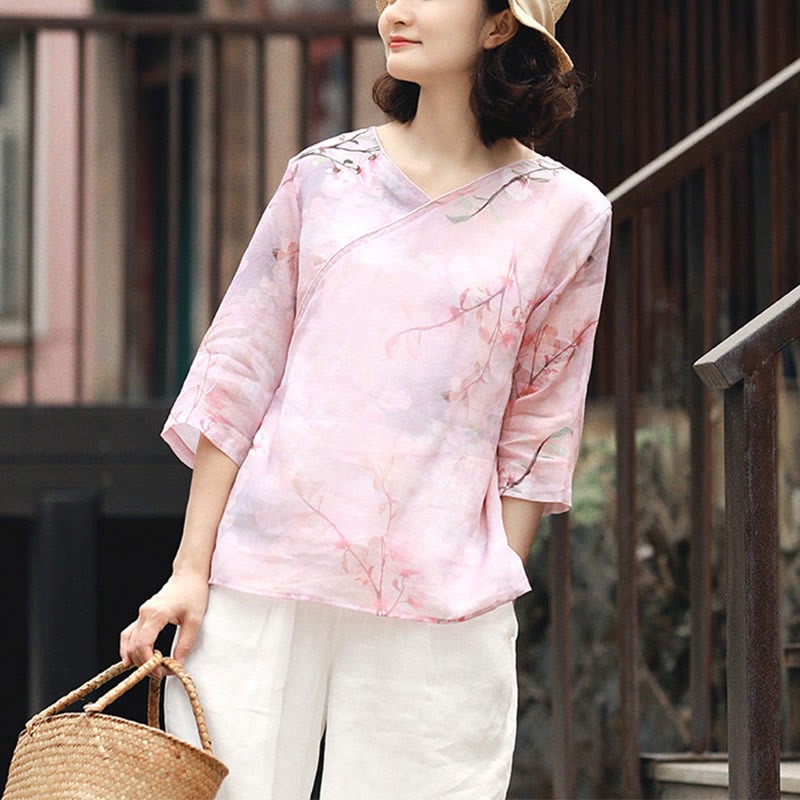 V-Neck Pink Flower Pattern Ramie Linen Blouse Three Quarter Sleeve Shirt Top