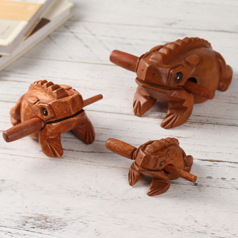 Handcrafted FengShui Wealth Luck Frog Mini Wooden Croaking Frog Guiro Decoration