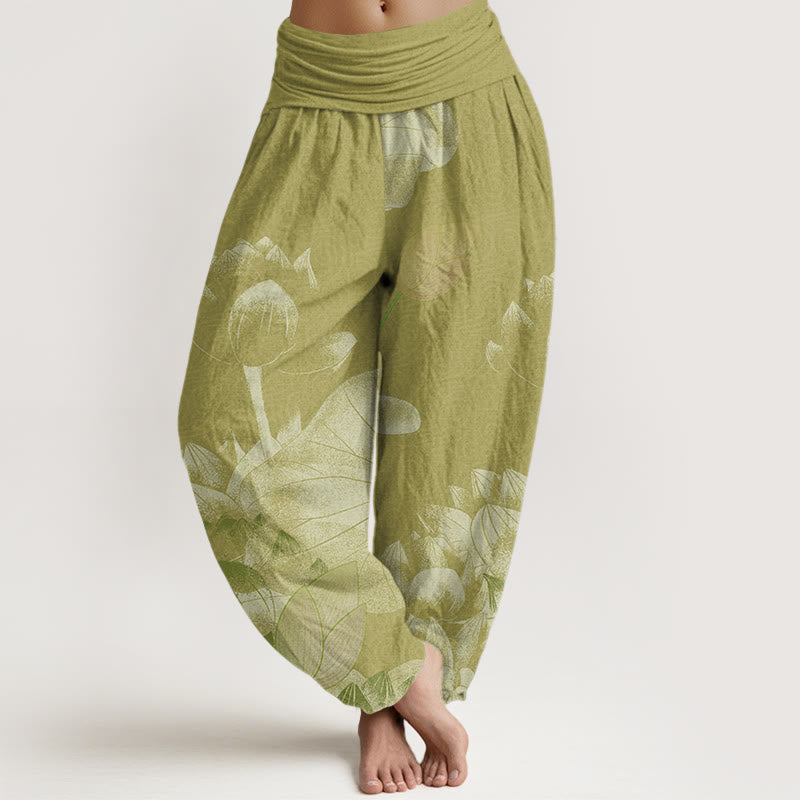 Pink And White Lotus Women's Elastic Waist Harem Pants