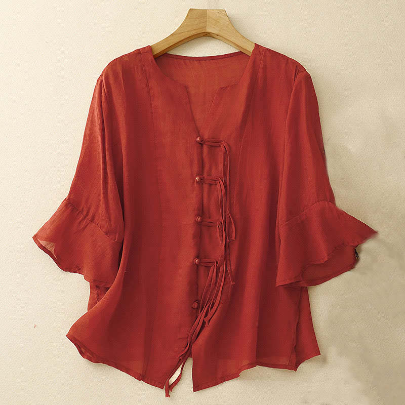 Casual Women's V-Neck Design Half Bell Sleeve Cotton Linen Cardigan Shirt