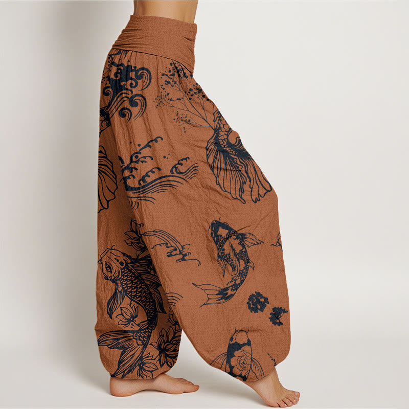 Koi Fish Waves Lotus Flowers Design Women's Elastic Waist Harem Pants