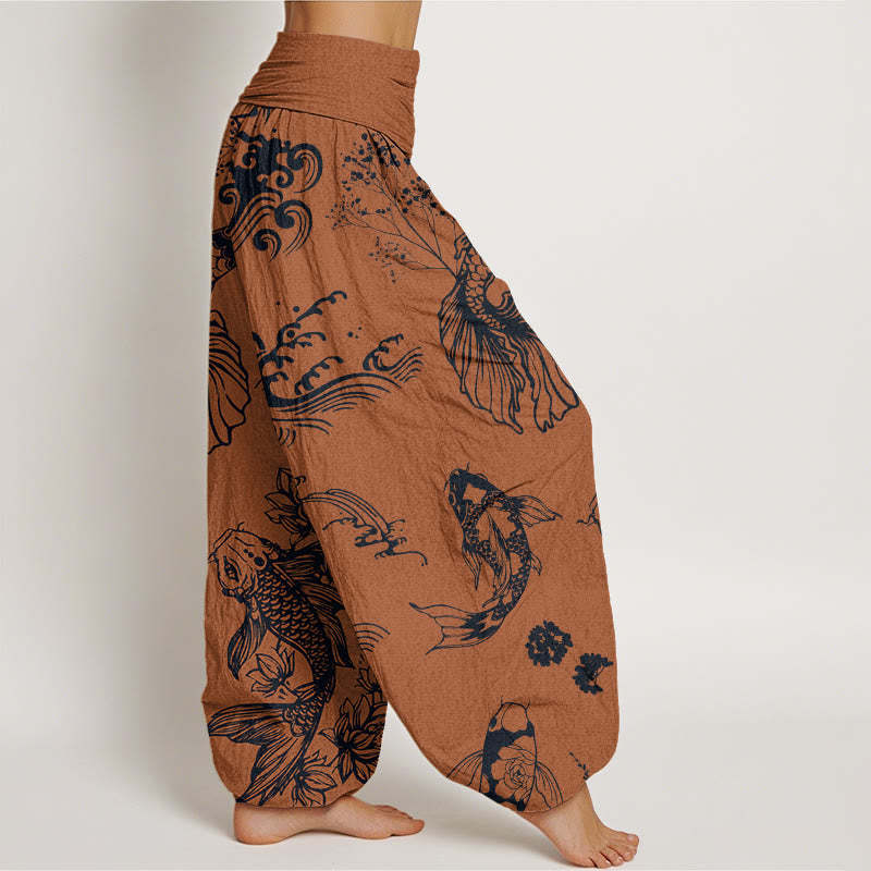 Koi Fish Waves Lotus Flowers Design Women's Elastic Waist Harem Pants