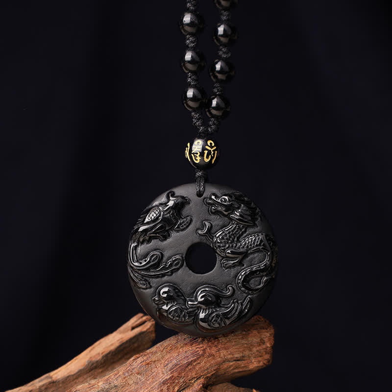 Black Obsidian Dragon Phoenix Mandarin Duck Luck Protection Necklace Pendant