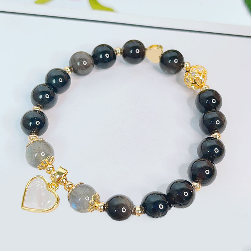 Natural Silver Sheen Obsidian Love Heart Star Flower Protection Bracelet (Extra 30% Off | USE CODE: FS30)