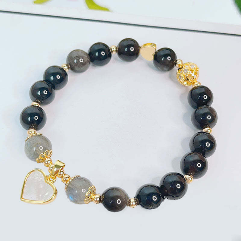 Natural Silver Sheen Obsidian Love Heart Star Flower Protection Bracelet (Extra 30% Off | USE CODE: FS30)