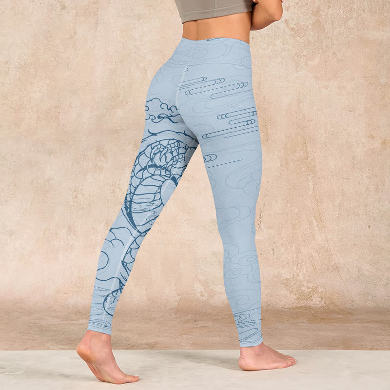 Blue Soaring Dragon Swirling Clouds Print Gym Leggings Women's Yoga Pants