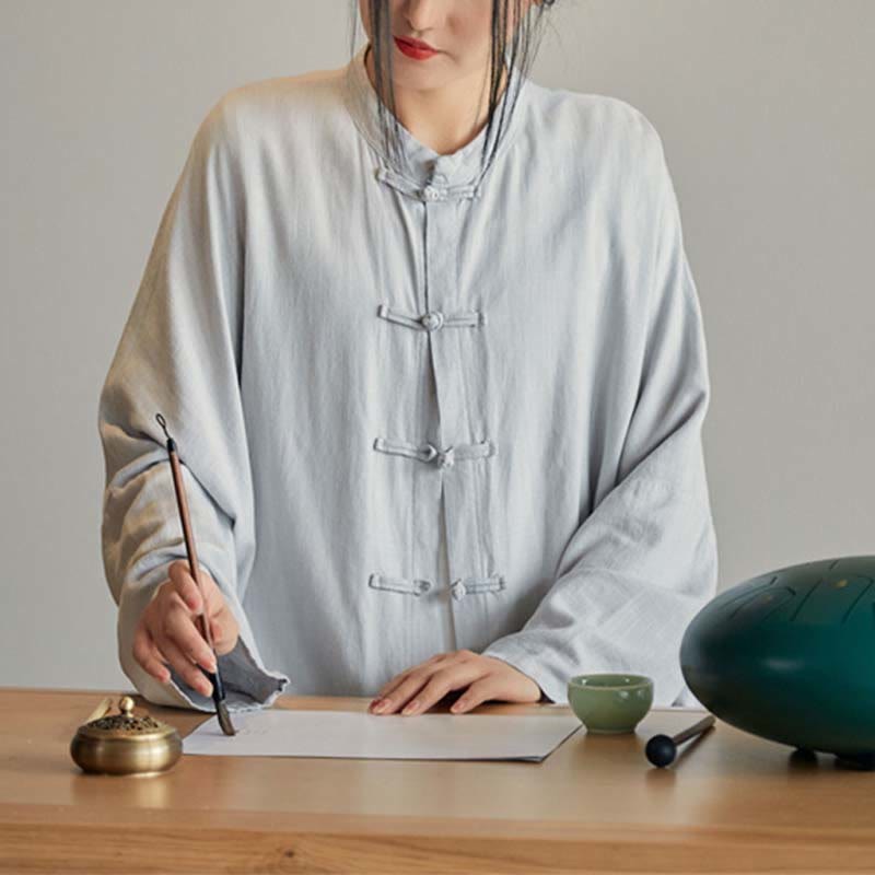 Plain Frog-Button Design Shirt Zen Tai Chi Meditation Top Clothing Cotton Linen Jacket