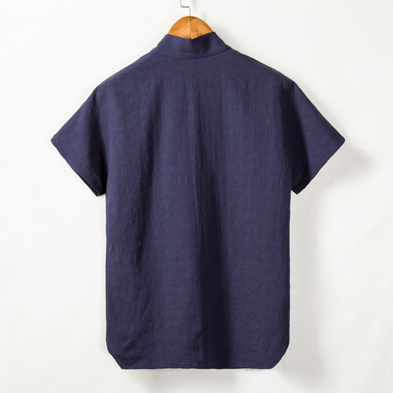 Men's Short Sleeve Shirt With Pocket V Neck Cardigan Comfort Cotton Linen Shirt
