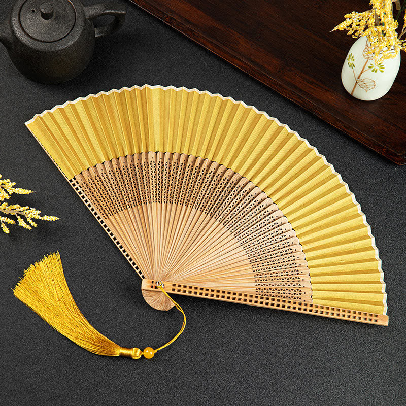 Cranes Auspicious Clouds Solid Color Gradient Handheld Cotton Linen Fabric Bamboo Folding Fan