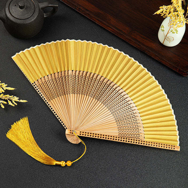 Cranes Auspicious Clouds Solid Color Gradient Handheld Cotton Linen Fabric Bamboo Folding Fan