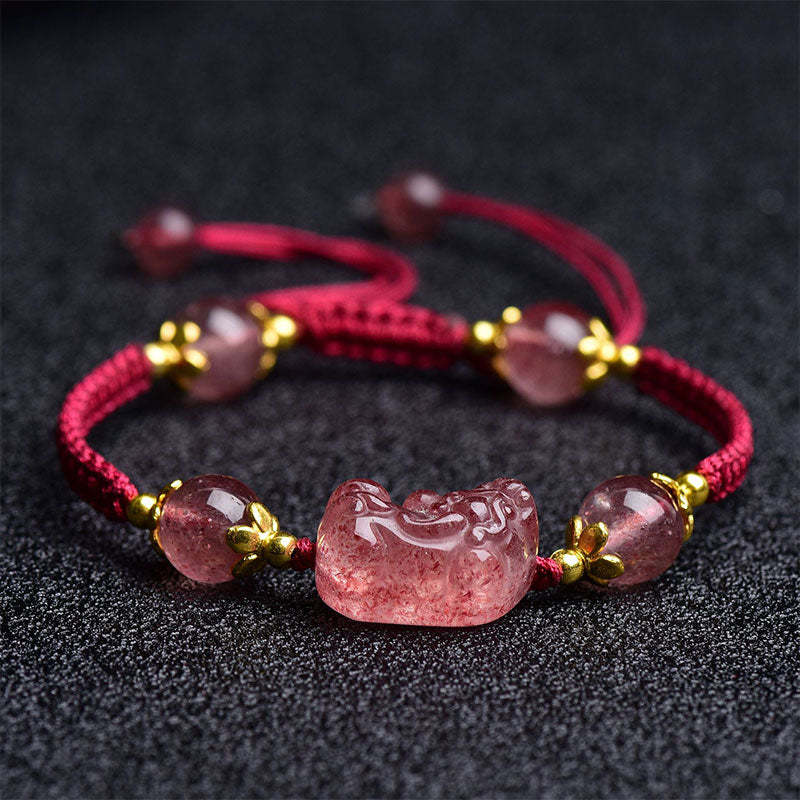 Natural Strawberry Crystal Pixiu Charm Lucky Red String Bracelet