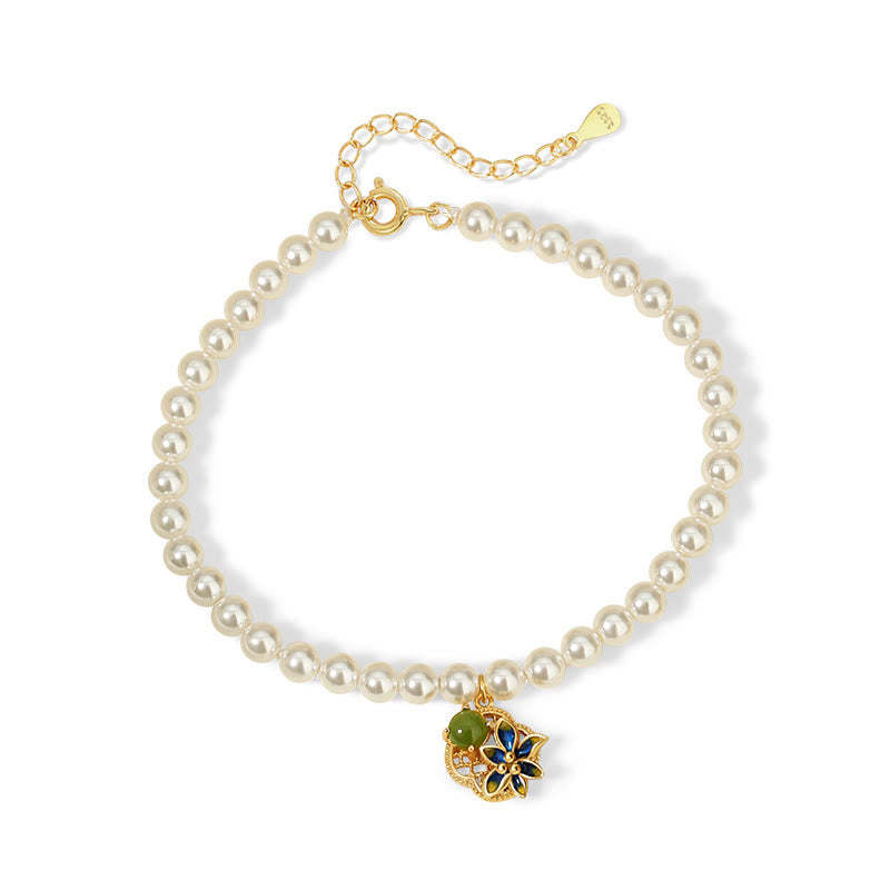 925 Sterling Silver Four Leaf Clover Flower Hetian Cyan Jade Pearl Healing Necklace Pendant Bracelet Earrings Set