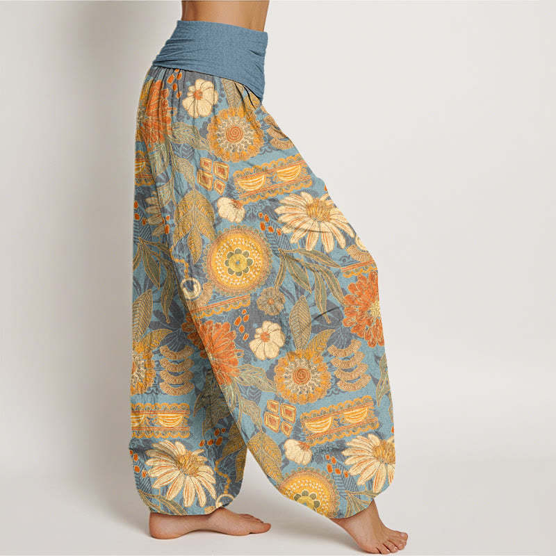 Sunflowers Round Floral Design Women's Elastic Waist Harem Pants