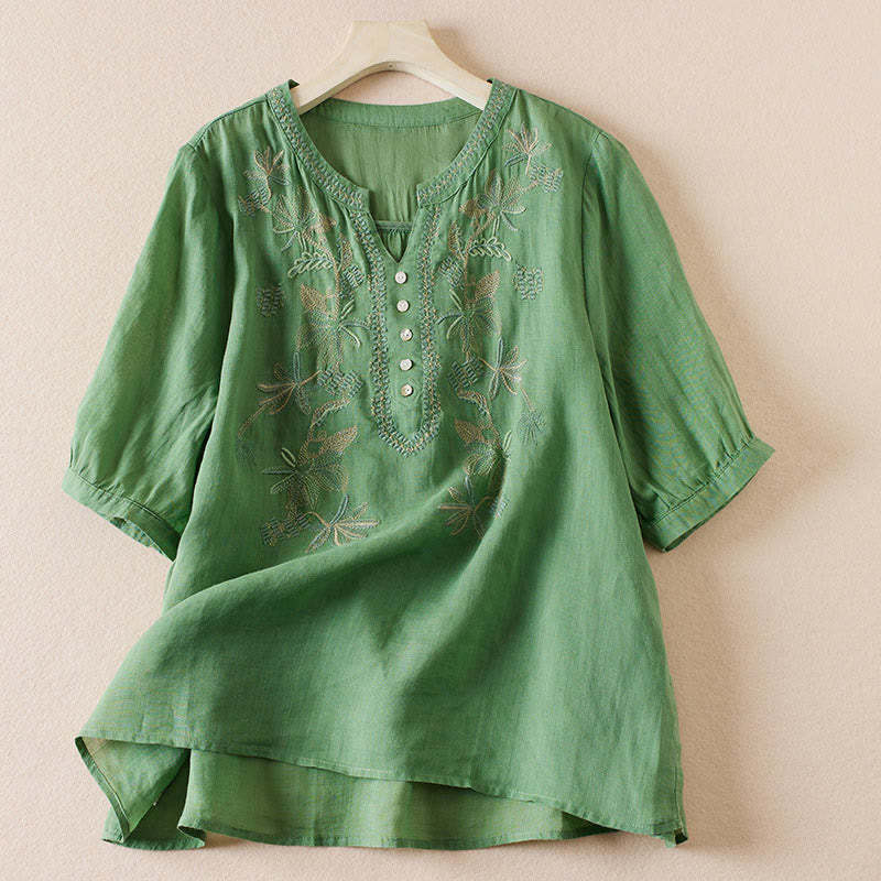 Casual Embroidery Plants Women's V-Neck Design Half Sleeve Cotton Blended Shirt