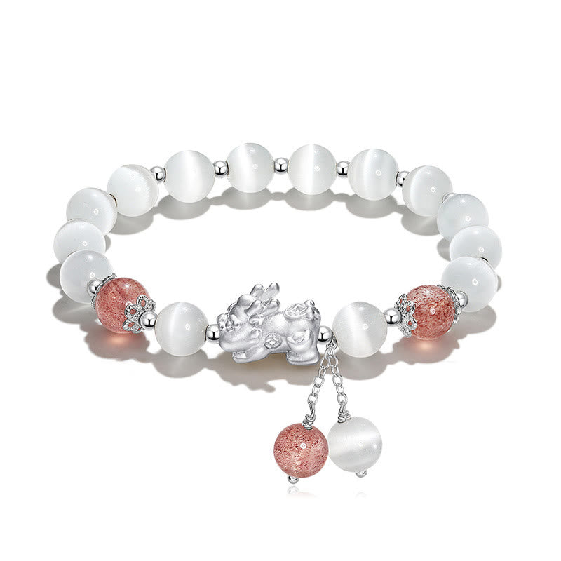 Natural Cat's Eye Moonstone Strawberry Quartz PiXiu Support Bracelet
