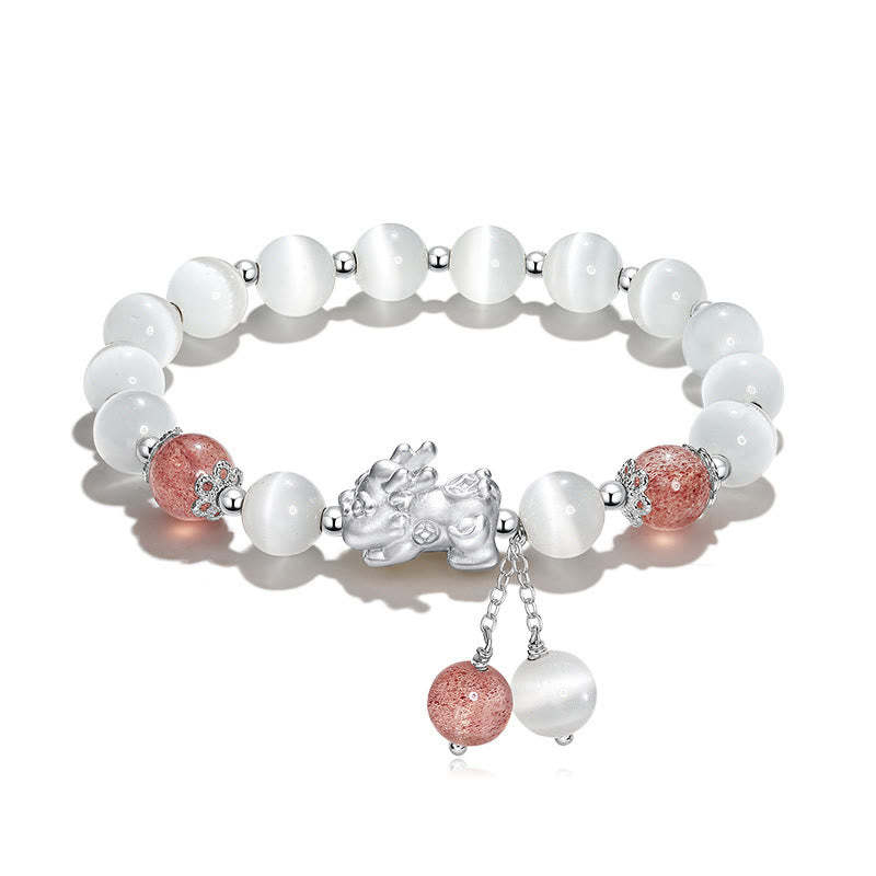 Natural Cat's Eye Moonstone Strawberry Quartz PiXiu Support Bracelet