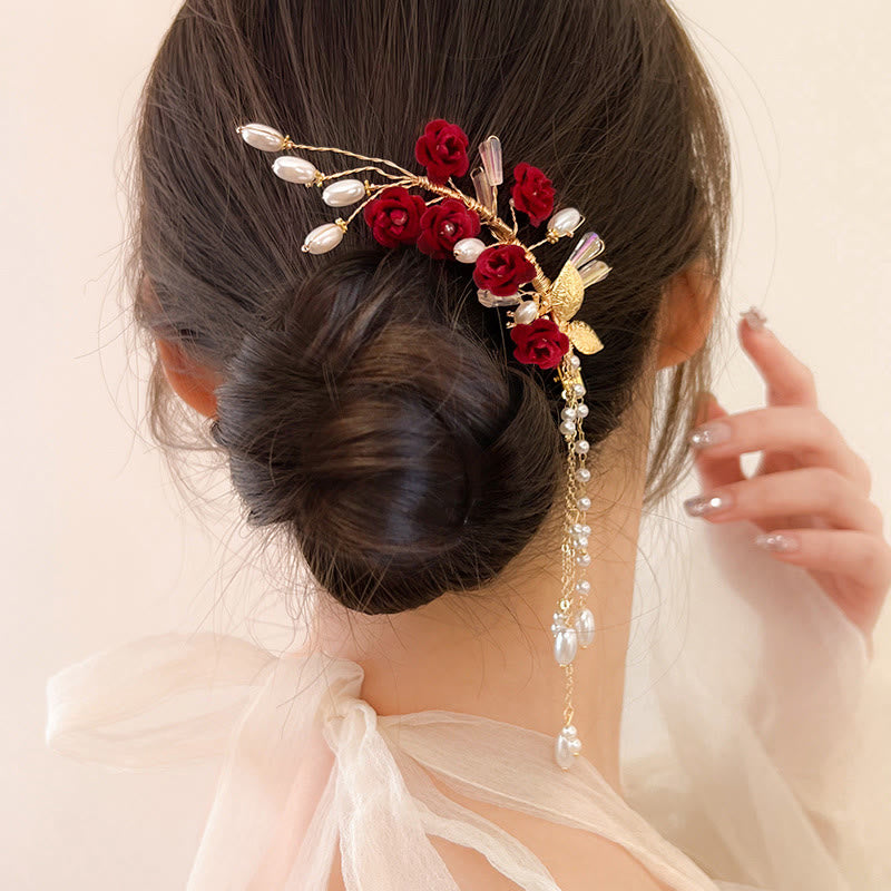 Classical Chinese Wedding Bridal Red Rose Hair Clip