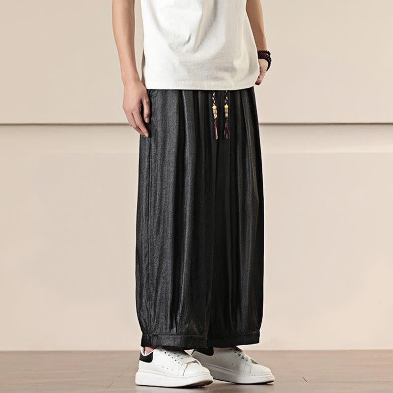 Spring Solid Color Cotton Drawstring Men's Wide Leg Pants With Pockets