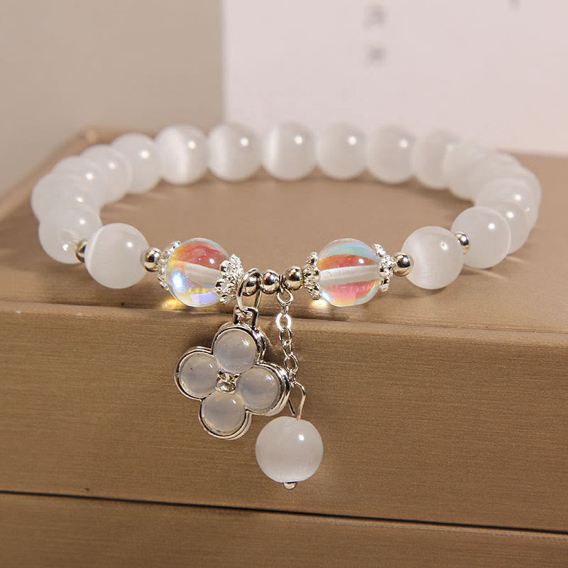 Cat's Eye Crystal Lucky Four Leaf Clover Charm Love Bracelet