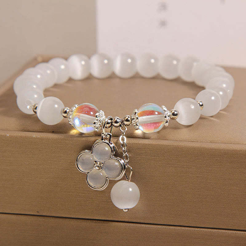 Cat's Eye Crystal Lucky Four Leaf Clover Charm Love Bracelet