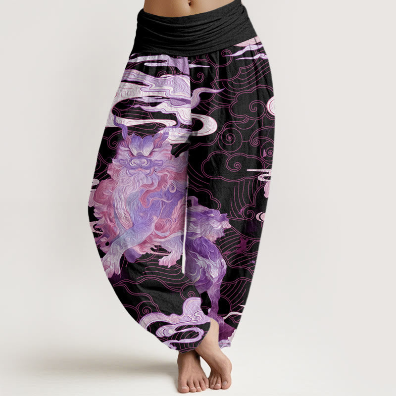 PiXiu Auspicious Clouds Pattern Women's Elastic Waist Harem Pants
