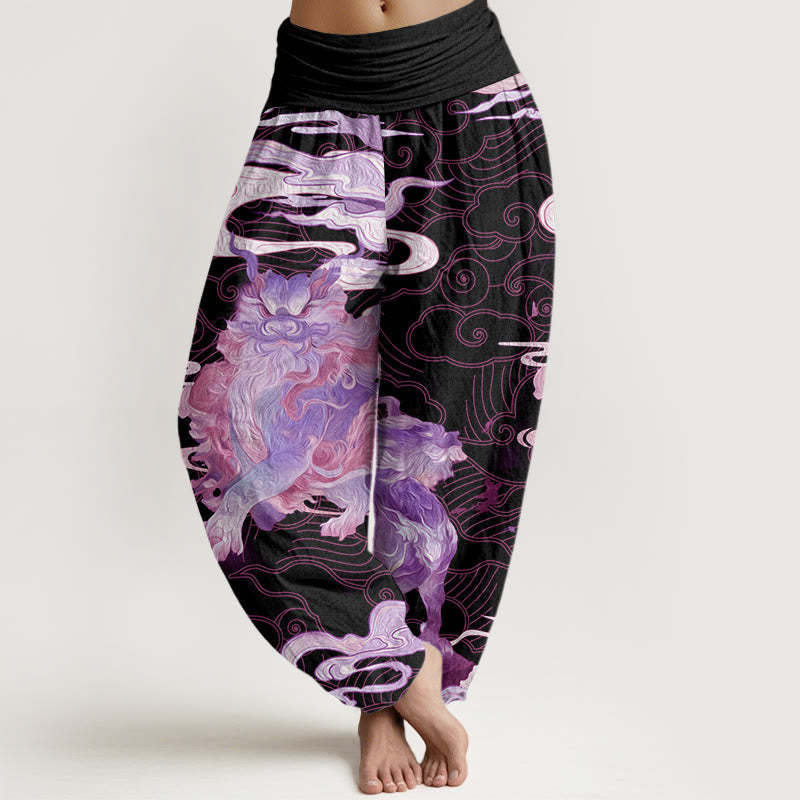 PiXiu Auspicious Clouds Pattern Women's Elastic Waist Harem Pants