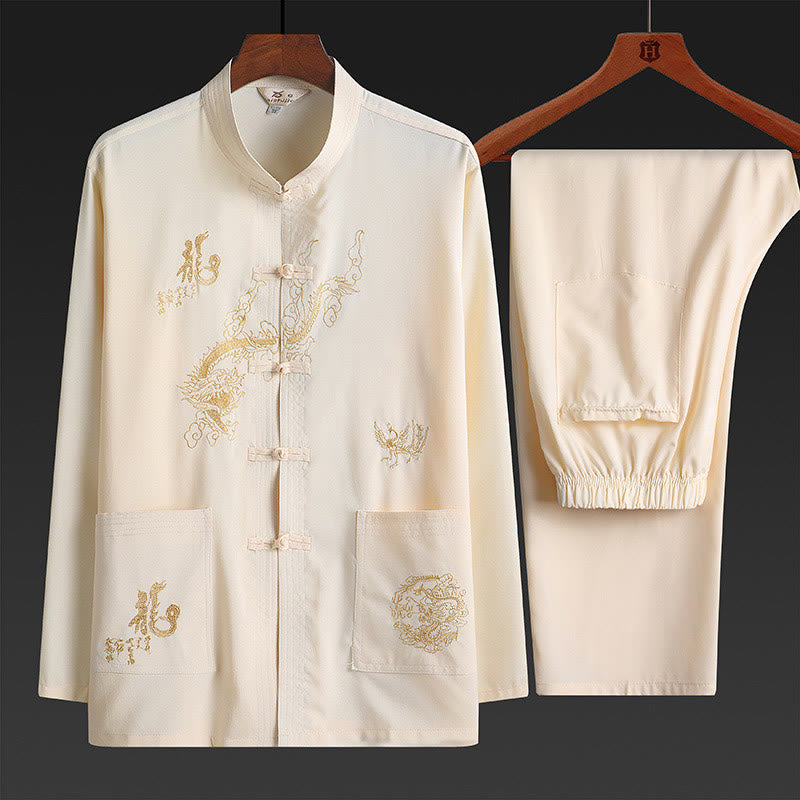 Chinese New Year Embroidered Dragon Frog-button Tang Suit Hanfu Traditional Uniform Long Sleeve Top Pants Clothing Men's Set