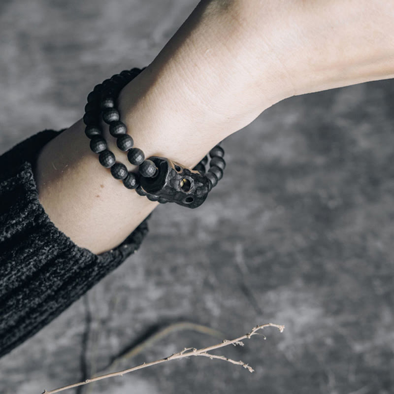 Frosted Cut Surface Black Onyx Ebony Double Wrap Protection Bracelet