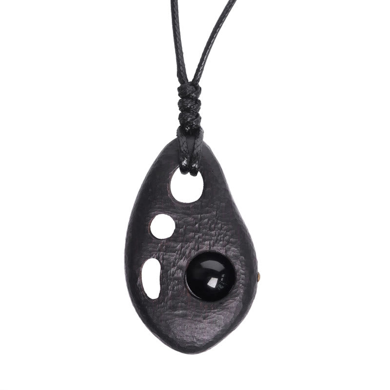 Ebony Wood Hollow Inlaid Obsidian Peace Calm Necklace Pendant