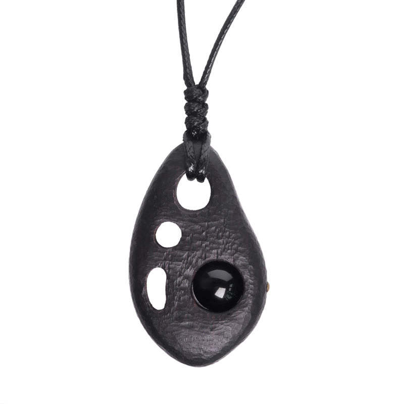 Ebony Wood Hollow Inlaid Obsidian Peace Calm Necklace Pendant
