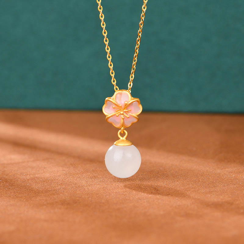 925 Sterling Silver Natural Hetian White Jade Cherry Blossom Sakura Luck Necklace Pendant Ring Earrings Set