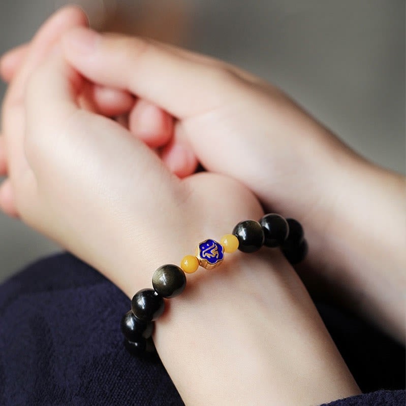 925 Sterling Silver Chinese Zodiac Natal mystic zen Natural Gold Sheen Obsidian Amber Wealth Protection Bracelet