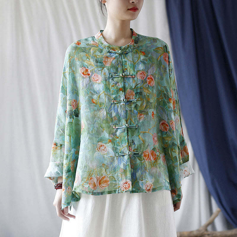 Pink Flowers Green Leaves Print Frog-button Design Long Sleeve Ramie Linen Jacket Shirt