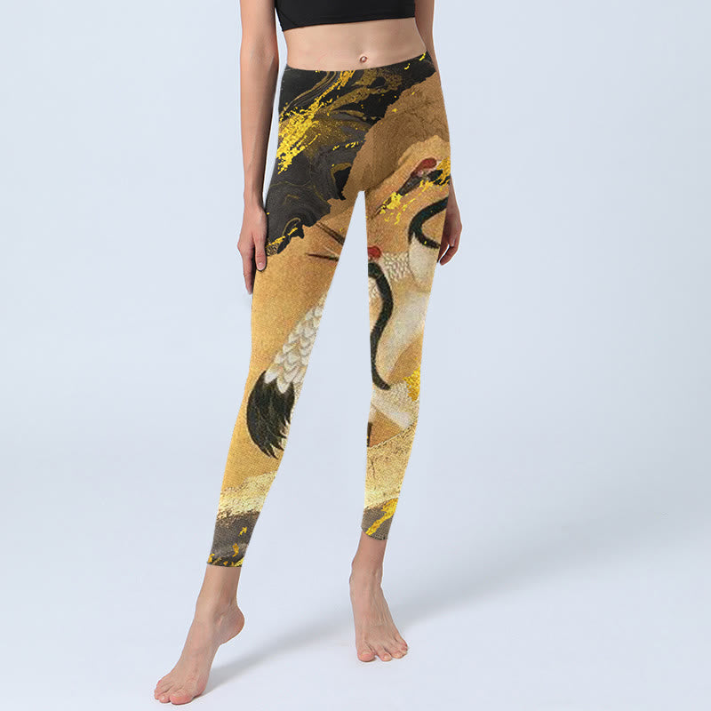 Rock Pine Tree Red-crowned Crane Pattern Print Gym Leggings Women's Yoga Pants