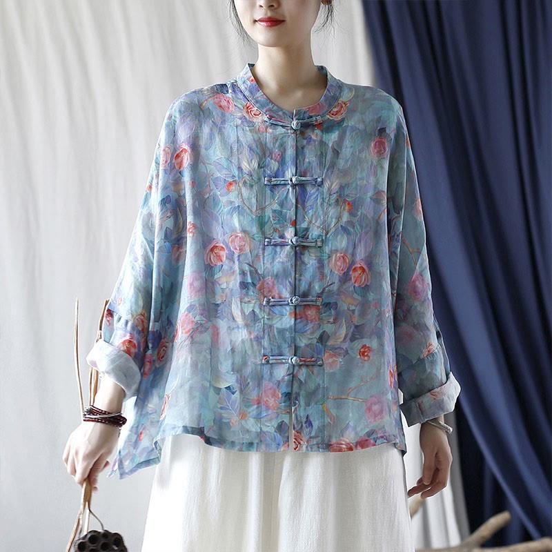Pink Flowers Green Leaves Print Frog-button Design Long Sleeve Ramie Linen Jacket Shirt