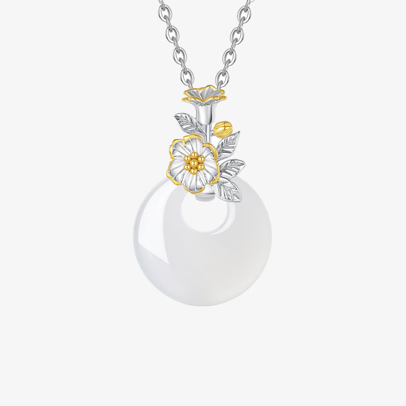 925 Sterling Silver Round Chalcedony Twelve Months Flower Harmony Necklace Pendant