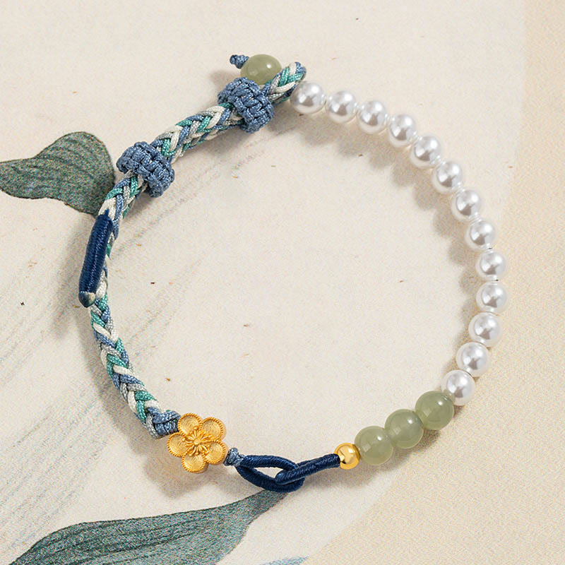 925 Sterling Silver Hetian Jade Peach Blossom Flower Pearl Braided Luck Bracelet