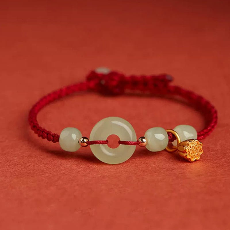 Round Peace Buckle Jade Lotus Happiness Abundance Wealth String Bracelet
