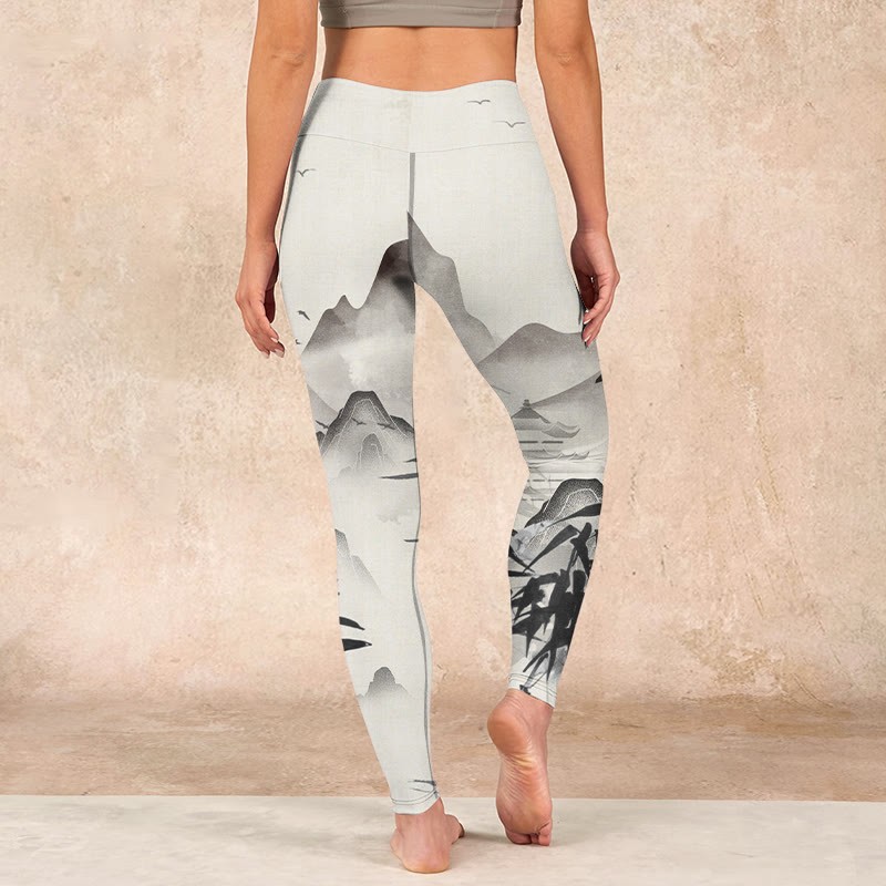 Ink Bamboo Mountains Print Gym Leggings Women's Yoga Pants
