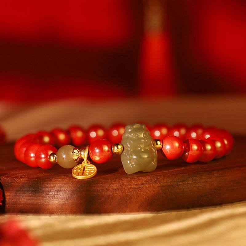 925 Sterling Silver Year of the Dragon Natural Cinnabar Hetian Jade Dragon Fu Character Ruyi As One Wishes Charm Blessing Bracelet (Extra 30% Off | USE CODE: FS30)