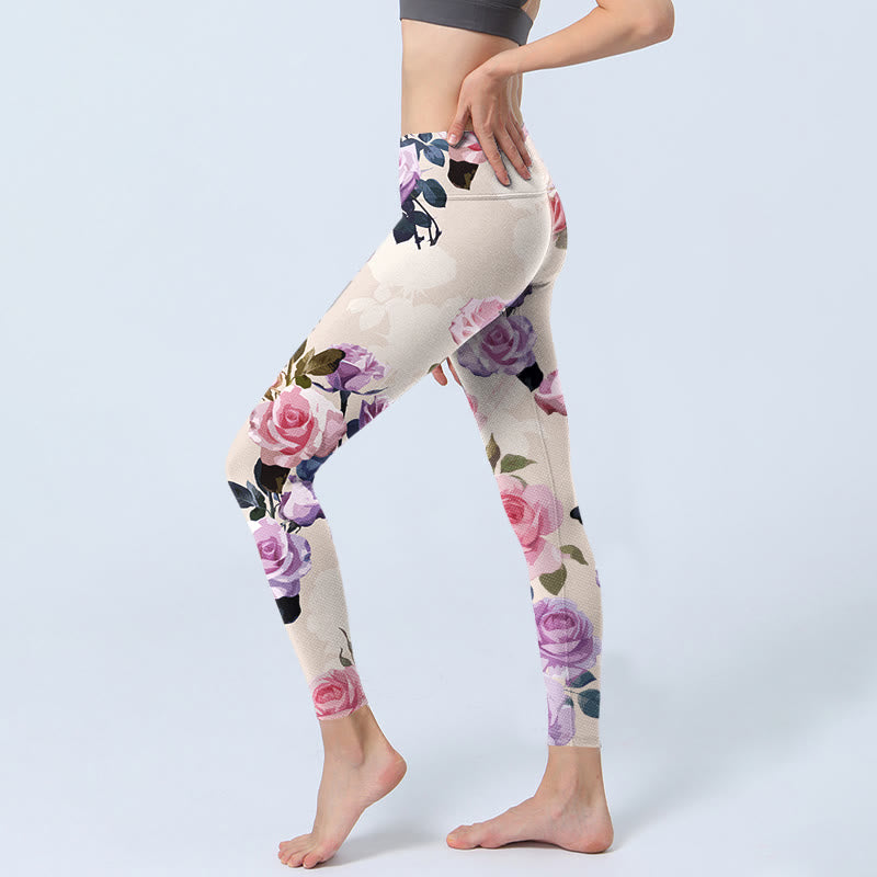 Beige Rose Flowers Print Gym Leggings Women's Yoga Pants