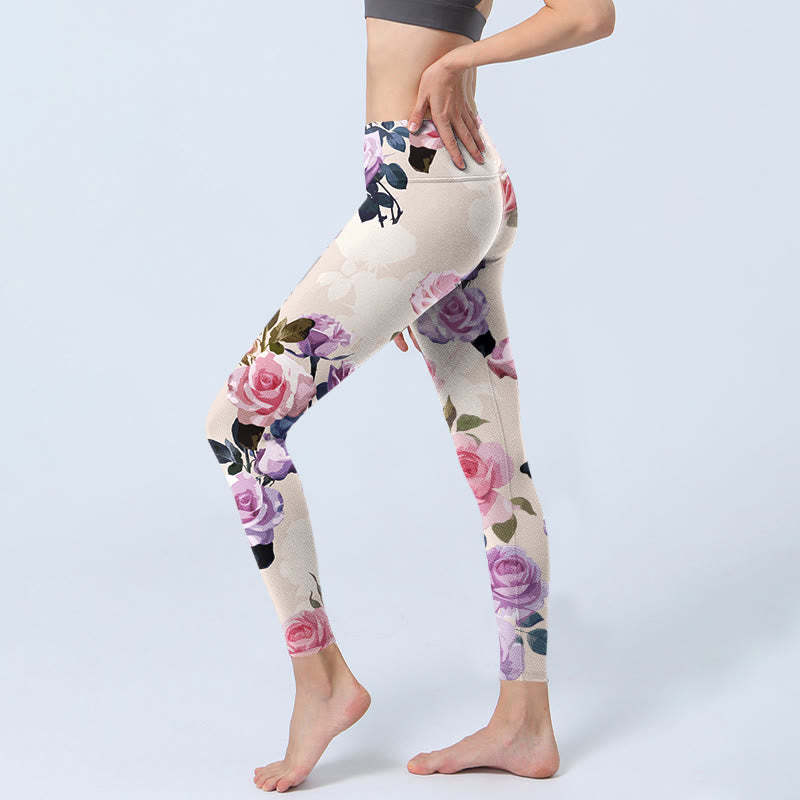 Beige Rose Flowers Print Gym Leggings Women's Yoga Pants