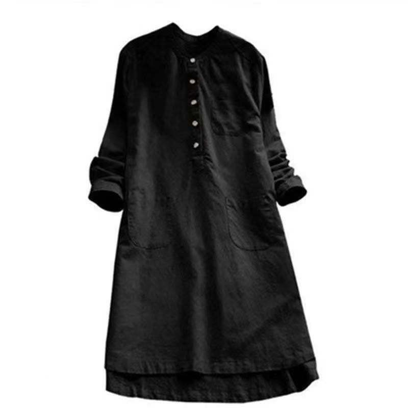 Solid Buttons Long Sleeve Cotton Linen Women's Shirt Dress With Pockets