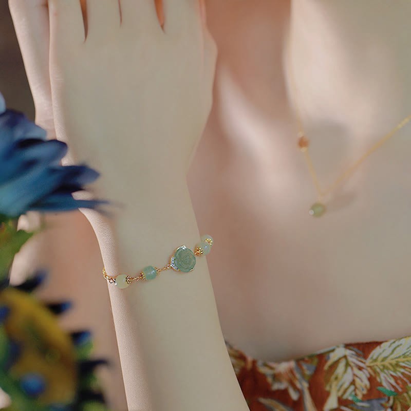 14K Gold Plated Hetian Jade Rose Flower Luck Chain Bracelet