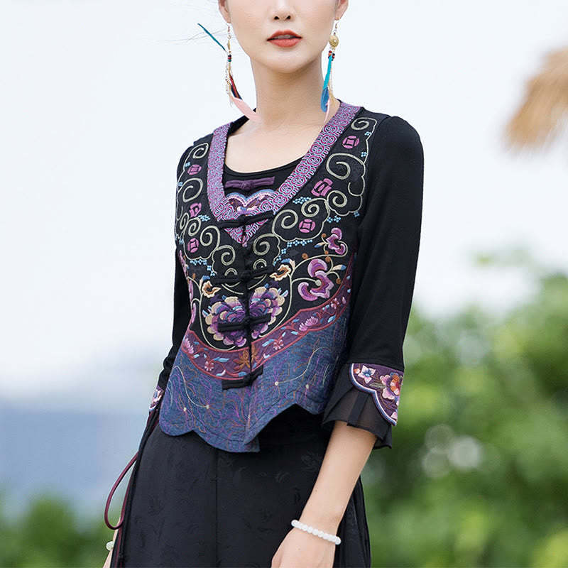 Vintage Frog-Button Embroidery Purple Flower Tang Suit Design Sleeveless Vest